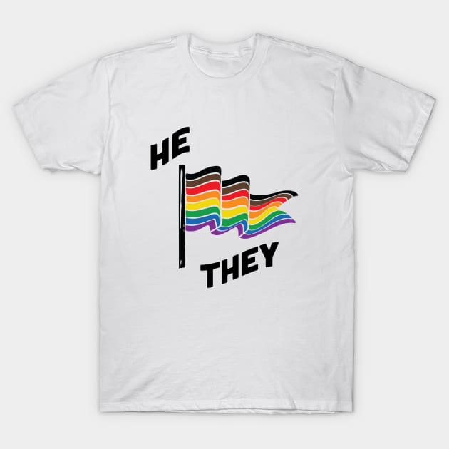 He/They Pronouns Retro Banner T-Shirt by lavenderhearts